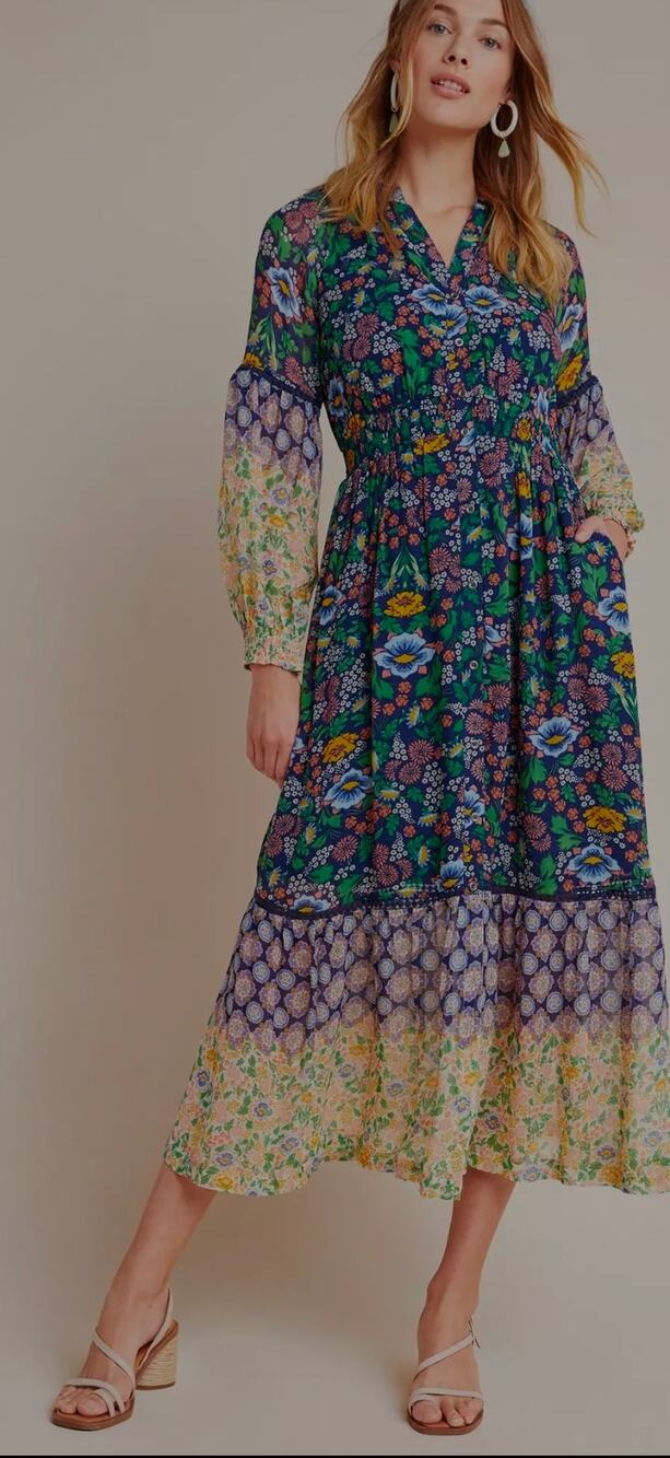 Anthropologie Floral Print Long Sleeve Elastic Waist Maxi Dress Large Petite NWT